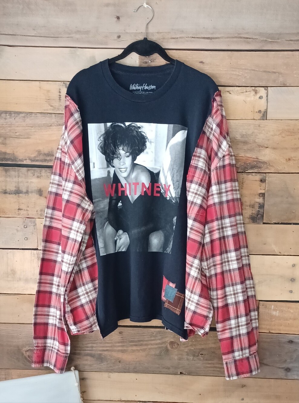 Upcycled Whitney Houston Graphic T-shirt with Red Plaid Sleeves - Picture 4 of 10